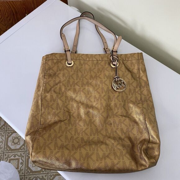 Michael Kors Handbags - Michael Kors Gold Metallic Signature Logo Satchel Tote Diaper Bag 1974222